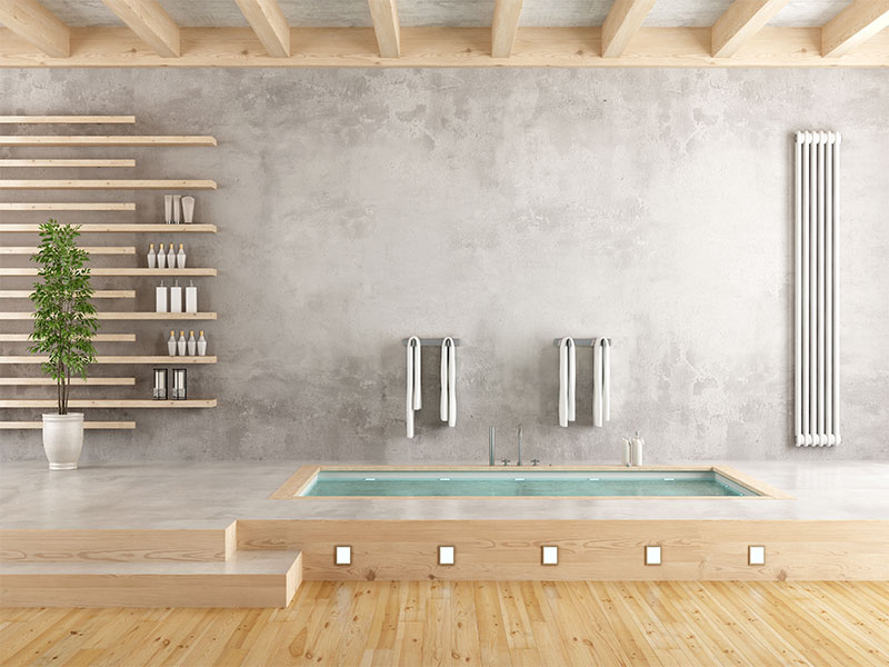 Japanese-style bath with open shelving for custom luxury bathrooms